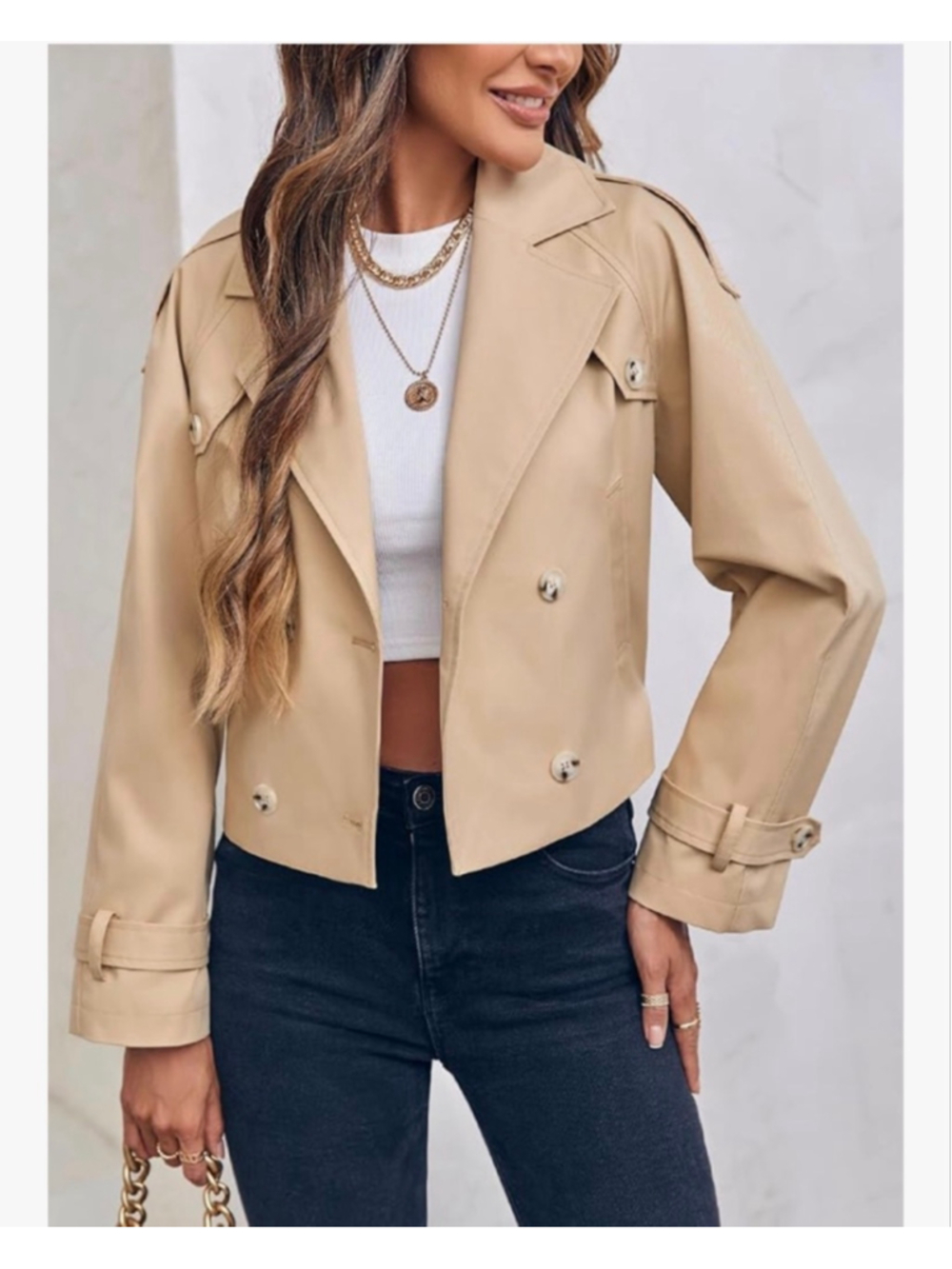 NEW Lapel Double Breasted Cropped Belted Trench Coat Jacket M - Picture 4 of 6